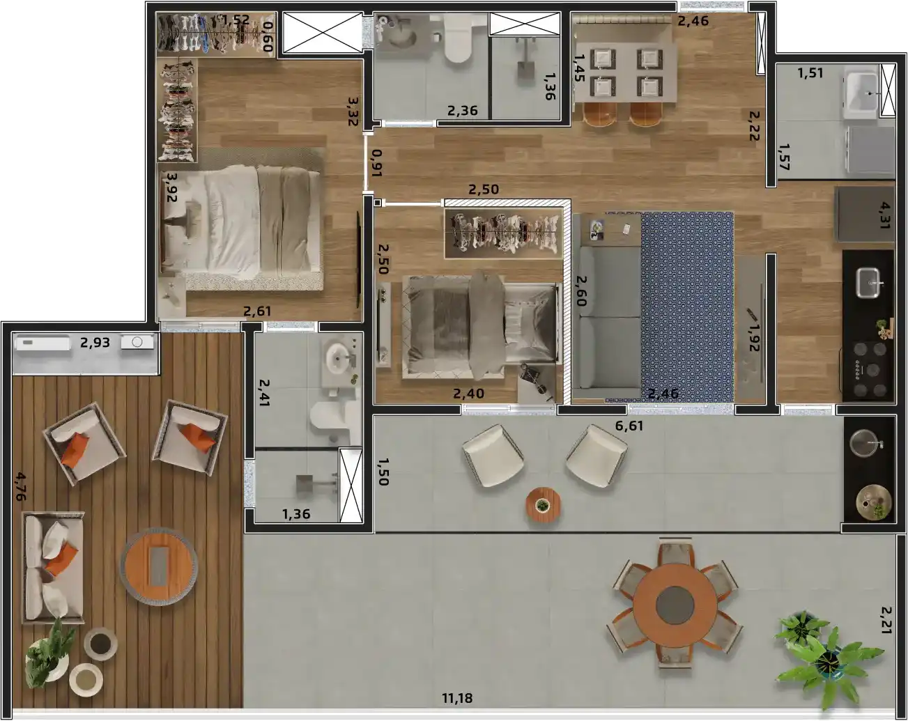 Planta Apartamento Garden 91m² e 93m²