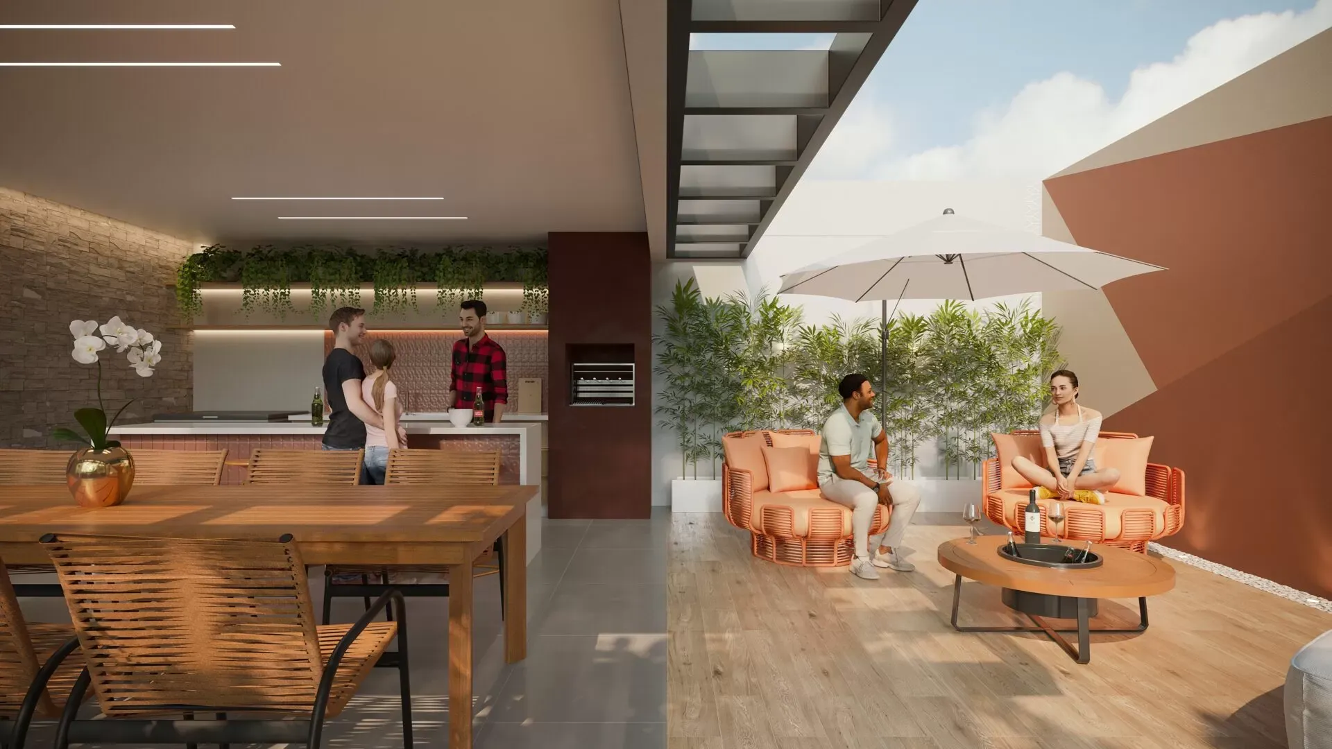 Área de lazer YVY Home com beach e churrasqueira