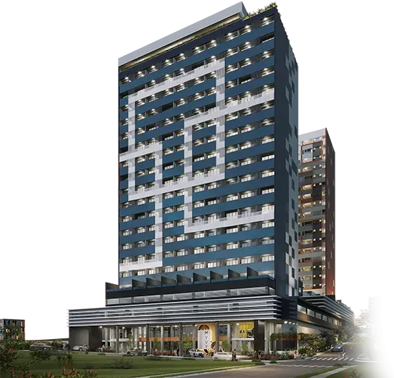 Fachada noturna do YVY Business